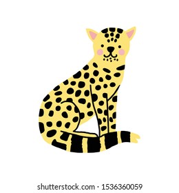 Leopard vector illustration on white.Jaguar,puma,wild cat,mountain lion is hand drawn in flat,cartoon style.Isolated animal is ready for your design,print,wallpaper.Character is ready for animation. 