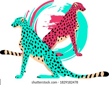 Leopard vector illustration in pink and mint colors 