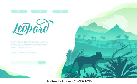 Leopard vector landing page template. Jungle, rainforest wild animal silhouette. Africa safari web banner with text space. Wildlife flat minimalistic landscape. Zoo website homepage design