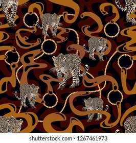 Leopard walking graphic design with gold accessories. Golden chains.Fashion figures. - Vector