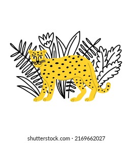 A leopard walks among tropical leaves. Modern drawing with animals