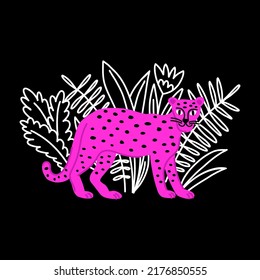 A leopard walks among tropical leaves. Modern drawing with animals