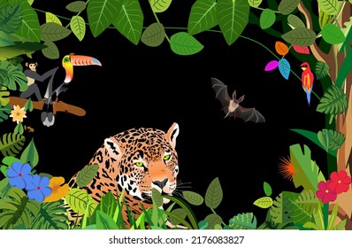 Leopard walks, ape sitts on tree, among tree and tropiacl plant,  jungle template vector