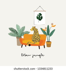 Leopard wild cat sitting on retro sofa. Boho interior with strelitzia flowers and palm plant. Urban jungle concept.Trendy tropical design. Vector illustration background.
