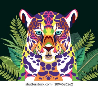 leopard wild life technicolor with leafs plants vector illustration design