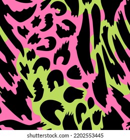 Leopard and zebra abstract seamless pattern. Animal skin vector background. Psychedelic neon texture