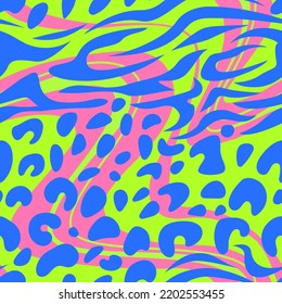 Leopard and zebra abstract seamless pattern. Animal skin vector background. Psychedelic neon texture