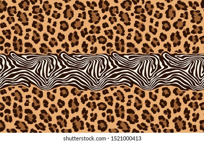 Leopard and Zebra pattern texture repeating seamless black. Vector background. Repeat. Abstraction. Skin and leopard fur. Wallpaper or fabric. Orange background in black spots and stripes.