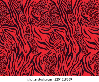 leopard zebra print seamless mix pattern, red background, fashion design on textile, animal texture