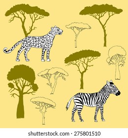 Leopard, zebra and savanna trees. Vector Illustration
