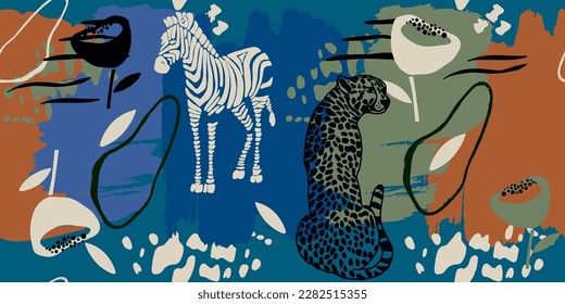 Patrón transparente de leopardo y cebra con fondo de hojas tropicales Vector 