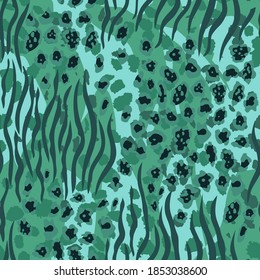 Leopard and Zebra seamless vector pattern on green background, beautiful wild animal print