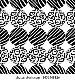Leopard and Zebra spots. Polka dots seamless pattern. Mosaic of ethnic figures. Patterned texture. Geometric background. Can be used for wallpaper, textile, invitation card, wrapping, web.