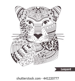 Leopard. Zentangle style. Coloring book for adult, antistress coloring pages. Hand drawn vector isolated illustration on white background. Henna mehendi, tattoo sketch