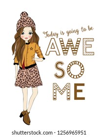 leopard-patterned girl ,fashion girl, T-shirt graphics for kids vector illustration