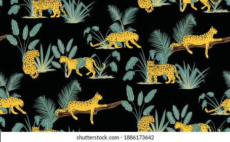Leopards and botanic leaves, vector seamless pattern