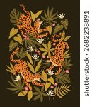 Leopards in different poses cartoon illustration set. Seamless pattern with leopards or jaguars with tropical leaves and plants isolated on dark black background. Wild animal, cat, jungle concept.