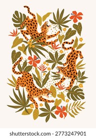 Leopards in different poses cartoon illustration set. Seamless pattern with leopards or jaguars with tropical leaves and plants isolated on white background. Wild animal, cat, jungle concept.