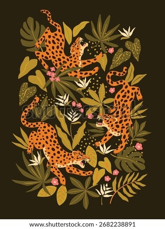Leopards in different poses cartoon illustration set. Seamless pattern with leopards or jaguars with tropical leaves and plants isolated on dark black background. Wild animal, cat, jungle concept.