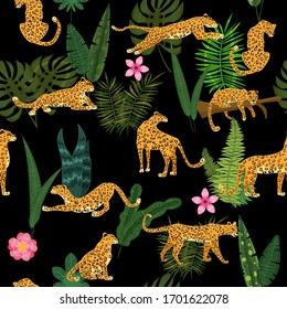 Leopards in different poses with tropical plants leaves flowers seamless pattern. Vector isolated trendy style