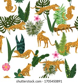 Leopards in different poses with tropical plants leaves flowers seamless pattern. Vector isolated trendy style