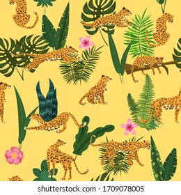 Leopards in different poses with tropical plants leaves flowers seamless pattern. Vector isolated trendy style