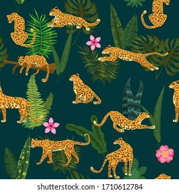 Seamless Pattern Leopards Tropical Leaves Vector Stock Vector (Royalty ...