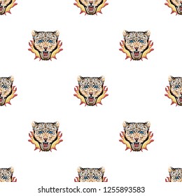 Leopards  faces with fire on black background  illustration seamless pattern.design for textile and fabric