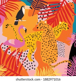 Leopards, flamingo, toucan and tropical leaves poster background vector illustration. Trendy wildlife pattern