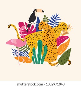 Leopards, flamingo, toucan and tropical leaves poster background vector illustration. Trendy wildlife pattern