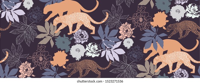 Leopards with flower and leaves on blue background. Seamless pattern in Asian style. Vector illustration