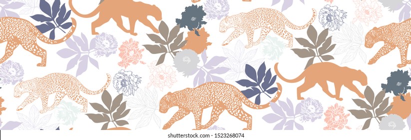 Leopards with flower and leaves on white background. Seamless pattern in Asian style. Vector illustration