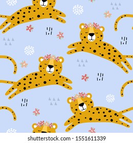 Leopards, flowers, hand drawn backdrop. Colorful seamless pattern with animals. Decorative cute wallpaper, good for printing. Overlapping background vector. Design illustration