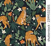 Leopards, flowers, and tropical leaves on a black background. Vector seamless pattern. Trendy style.