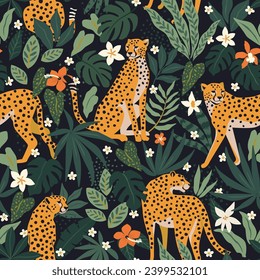 Leopards, flowers, and tropical leaves on a black background. Vector seamless pattern. Trendy style.