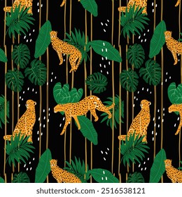 Leopards, flowers, and tropical leaves on a black background. Vector seamless pattern. Trendy style.