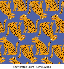Leopards, hand drawn backdrop. Colorful seamless pattern with animals. Decorative cute wallpaper, good for printing. Overlapping background vector. Design illustration