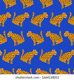 Leopards, hand drawn backdrop. Colorful seamless pattern with animals. Decorative cute wallpaper, good for printing. Overlapping background vector. Design illustration