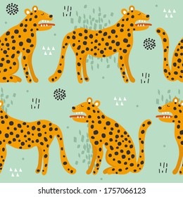 Leopards, hand drawn backdrop. Colorful seamless pattern with animals. Decorative cute wallpaper, good for printing. Overlapping background vector. Design illustration