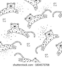 Leopards, hand drawn backdrop. Seamless pattern with animals. Decorative cute wallpaper, good for printing. Overlapping background vector. Design illustration