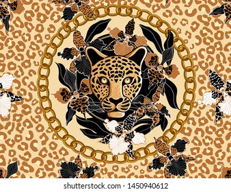 leopard's head surrounded by orchids, gold chain and animal texture. Wild animal skin seamless pattern.  Illustration of tropical nature. 