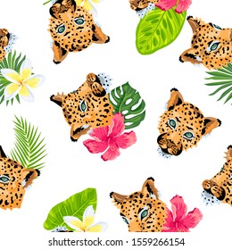 Leopards with jungle leaves, tropical flowers seamless pattern. Vector illustration.