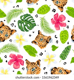 Leopards with jungle leaves, tropical flowers seamless pattern. Vector illustration.