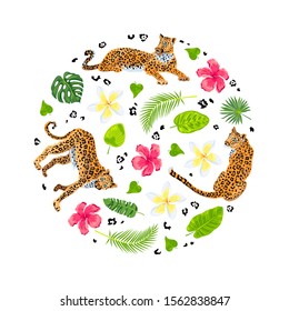 Leopards with jungle leaves, tropical flowers. Vector illustration on white background. Circle concept. Great for flyer, invitation, print. 