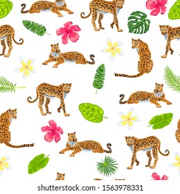 Leopards with jungle leaves, tropical flowers seamless pattern. Vector illustration.