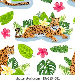 Leopards with jungle leaves, tropical flowers seamless pattern. Vector illustration.