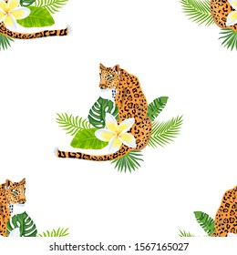 Leopards with jungle leaves, tropical flowers seamless pattern. Vector illustration.