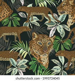 Leopards in the jungle. Trending seamless vector pattern.