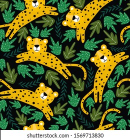 Leopards, leaves, hand drawn backdrop. Colorful seamless pattern with animals. Decorative cute wallpaper, good for printing. Overlapping background vector. Design illustration