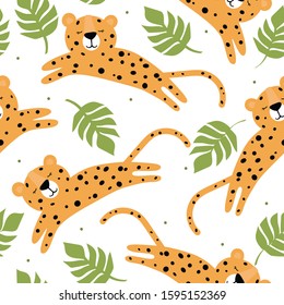 Leopards, leaves, hand drawn backdrop. Colorful seamless pattern with animals. Decorative cute wallpaper, good for printing. Overlapping background vector. Design illustration